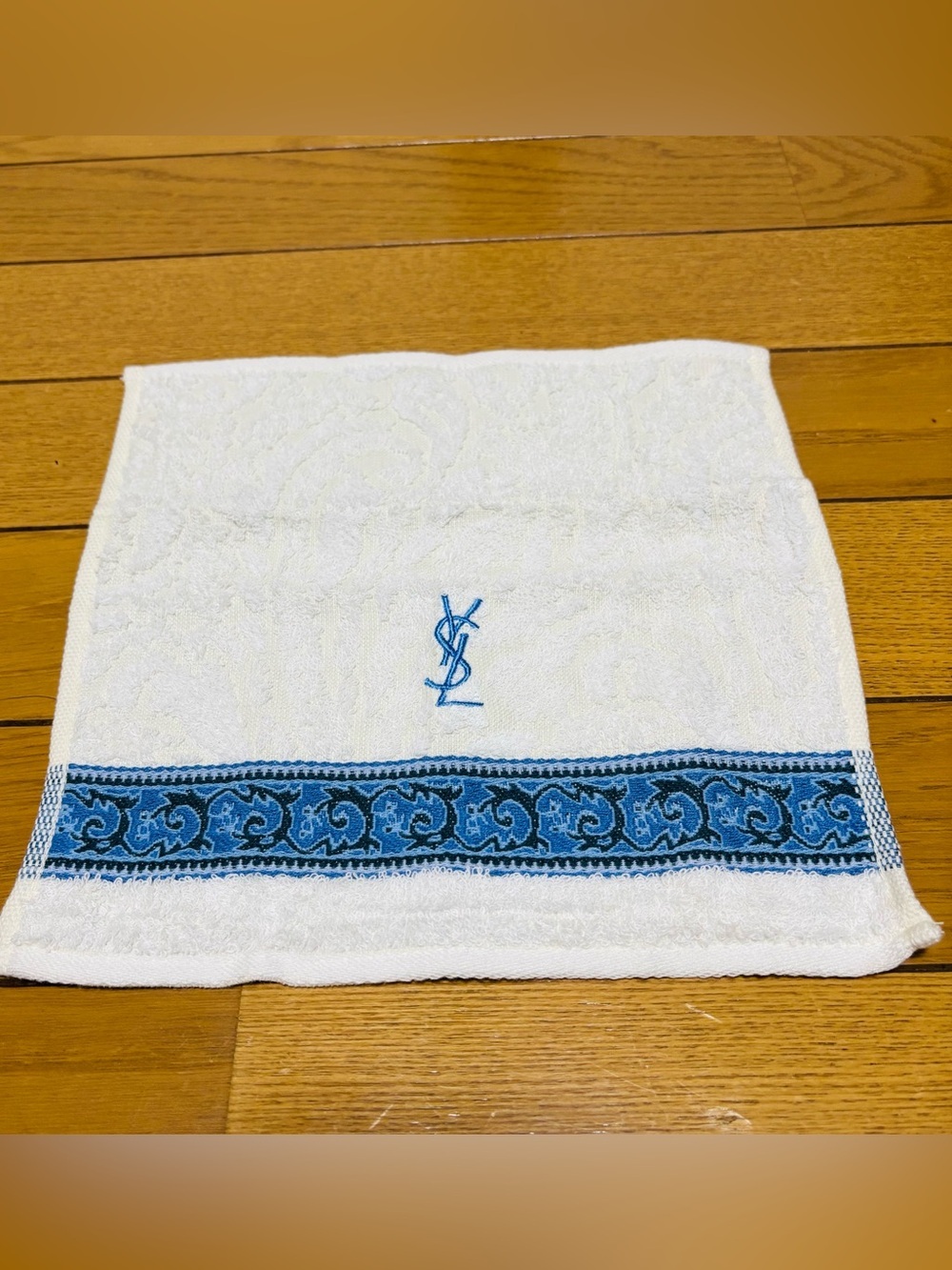 Yves Saint Laurent White Towel with Blue Embroidered YSL size 23cm 9”